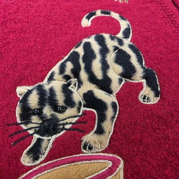 Lisa International Vest Women Medium Wool Cat Print Fuzzy Embroidered Zip Up VTG - Picture 11 of 16